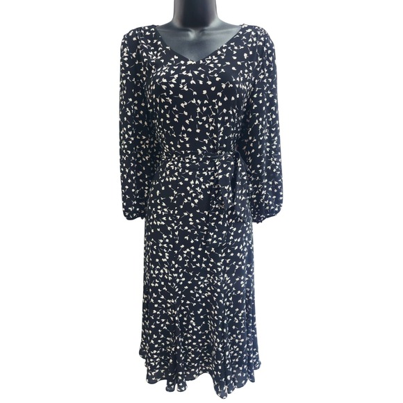 Talbots Dresses & Skirts - Talbots Womens Black White Floral V-Neck Long Sleeve Midi Dress Size 4